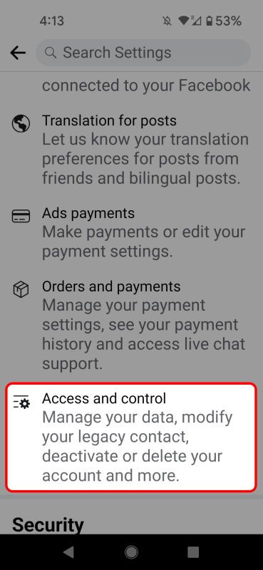 Menu de perfil móvel do Facebook destacando a opção de acesso e controle