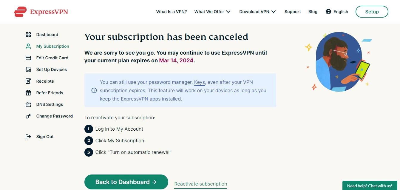 Captura de tela de uma página mostrando “Sua assinatura foi cancelada” no site da ExpressVPN