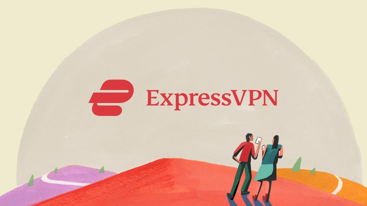 O logotipo e o texto da ExpressVPN, contra uma ilustração de um homem e uma mulher em seus telefones