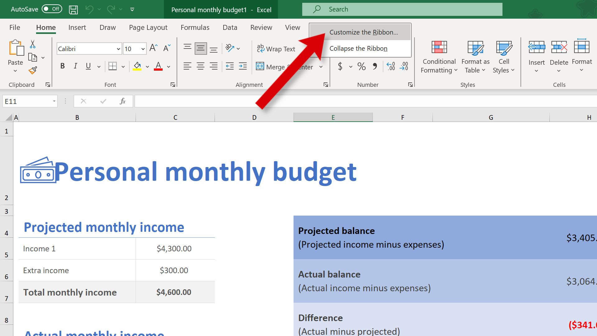 Uma captura de tela mostra como personalizar a faixa de opções do Excel.