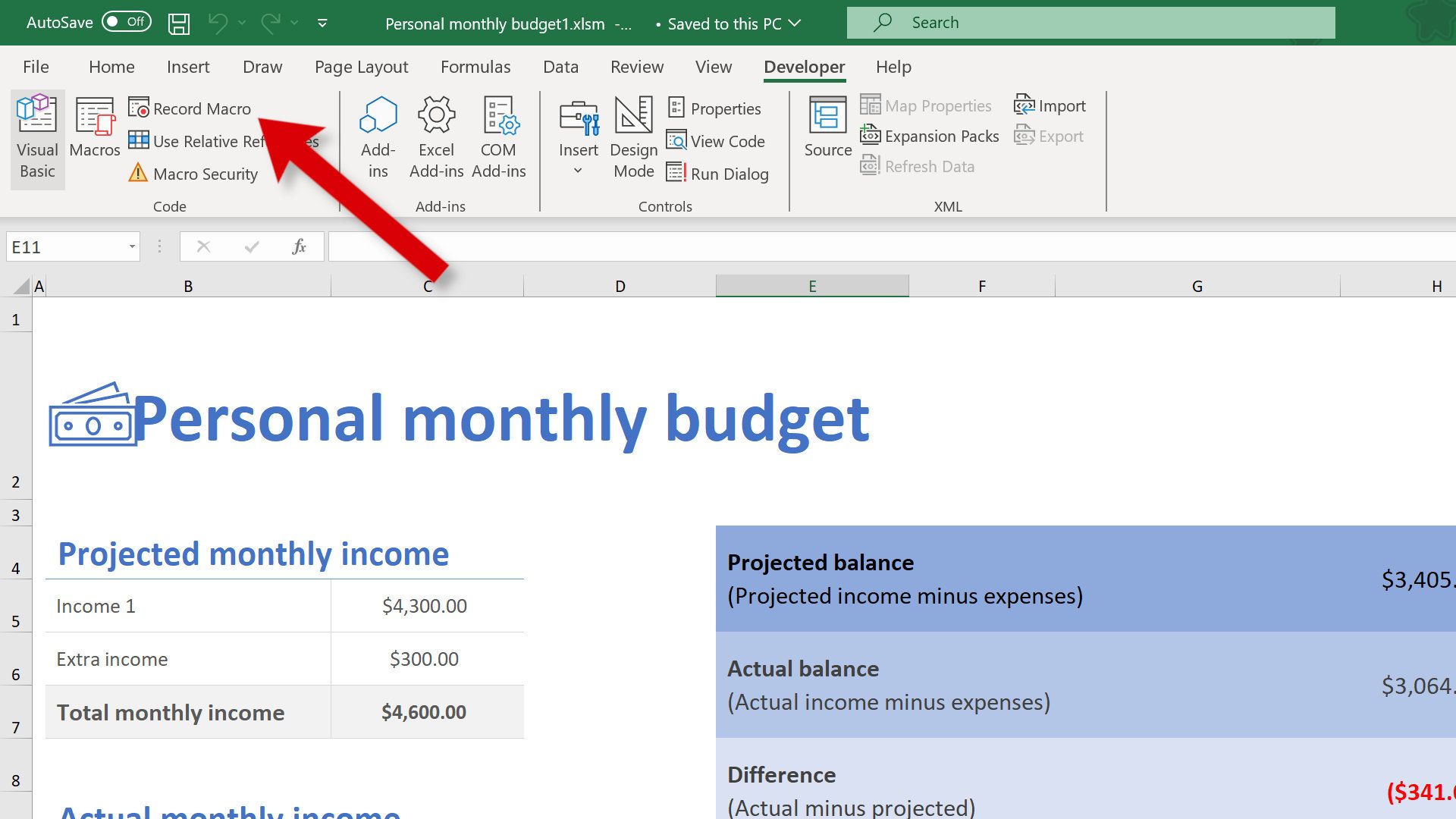 Uma captura de tela mostra como gravar uma macro do Excel.