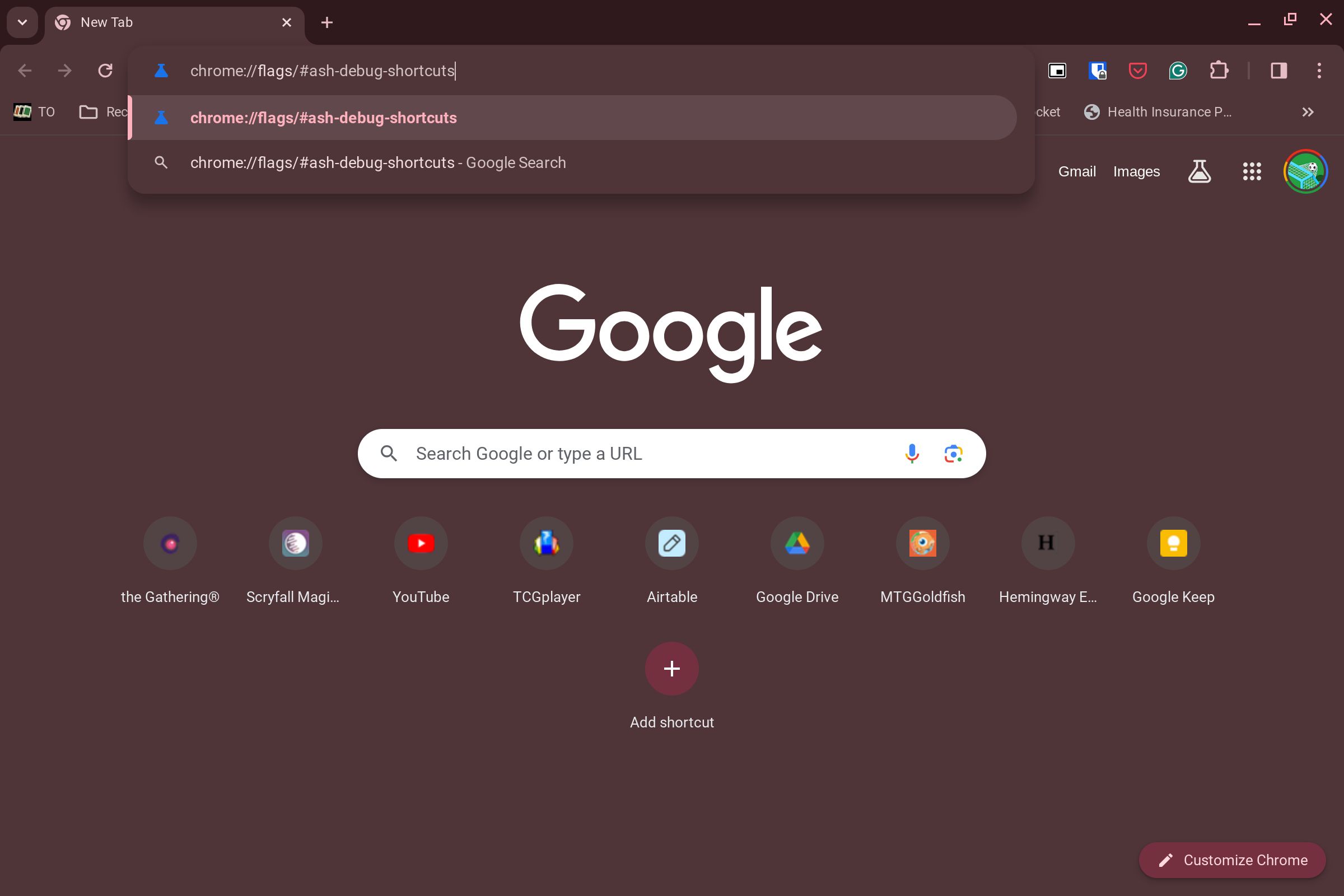 Uma janela do Chrome em um Chromebook com o termo de pesquisa para o sinalizador Depuração de atalhos de teclado na barra de pesquisa