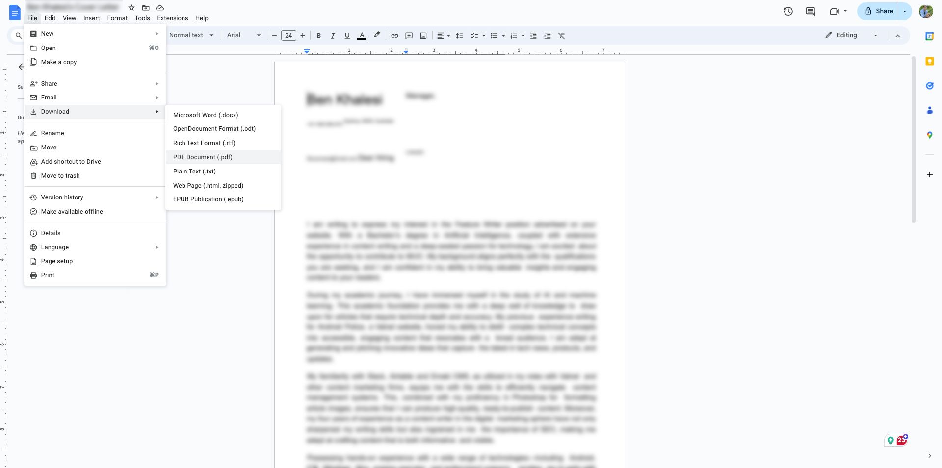A imagem mostra um documento do Google Docs com o menu ‘Arquivo’ aberto, exibindo diversas opções.  O submenu 'Download' está atualmente expandido, mostrando diferentes formatos de arquivo com Documento PDF selecionado