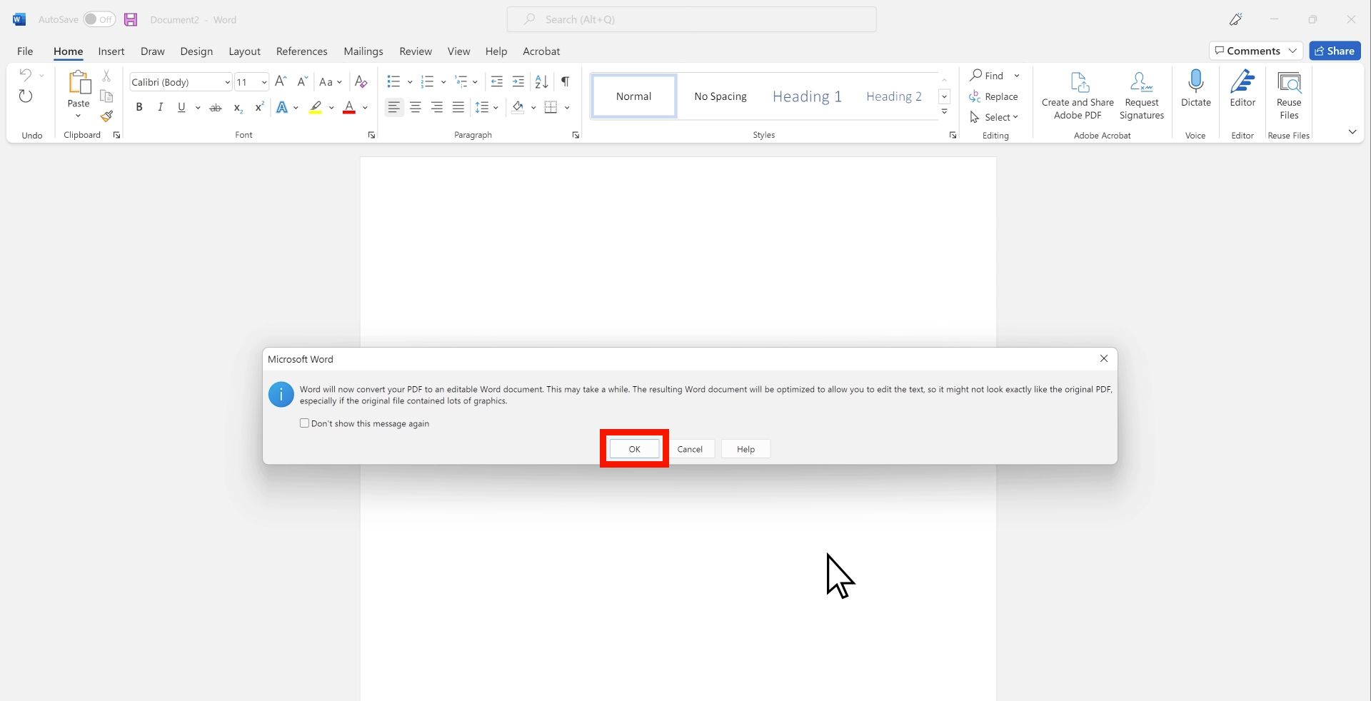 A imagem mostra uma notificação no Microsoft Word indicando que um PDF será convertido em um documento Word editável, com o cuidado de que a conversão pode não manter o layout original, especialmente com gráficos com OK selecionado.