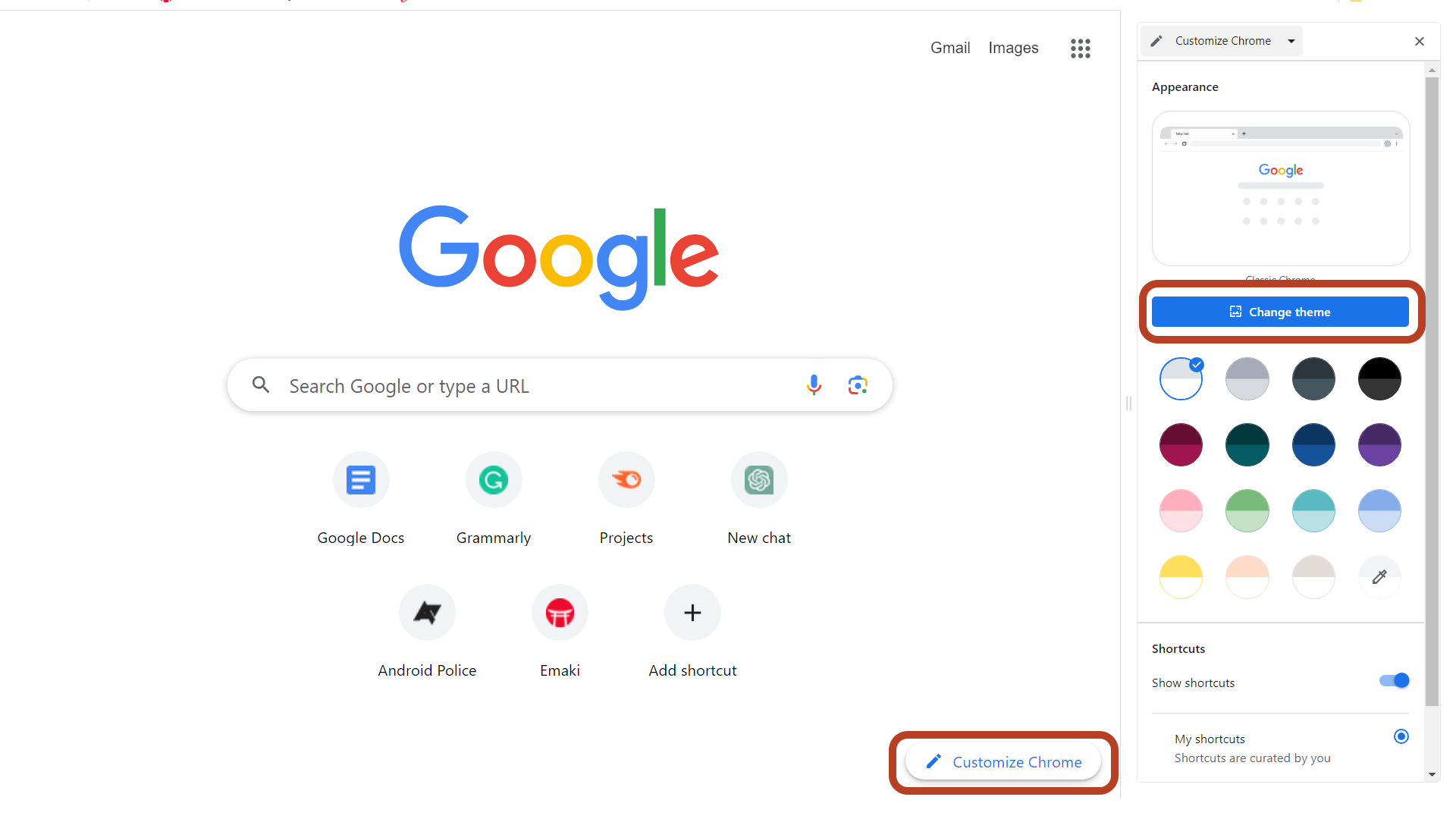 A captura de tela mostra o botão Alterar tema no Chrome