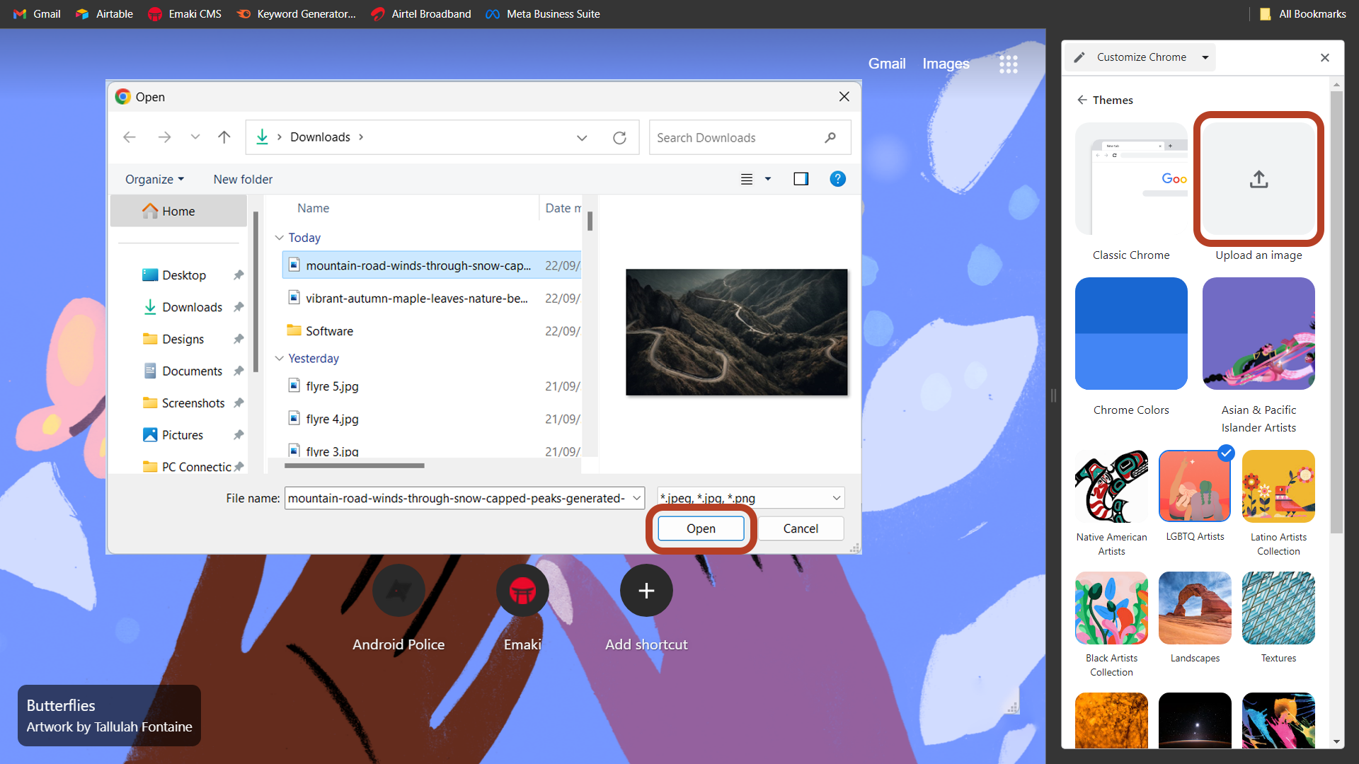 A captura de tela mostra como fazer upload de uma imagem de fundo do Google Chrome