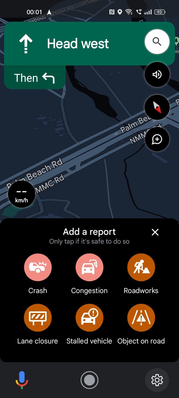 Captura de tela mostrando as opções de incidente no app Google Maps