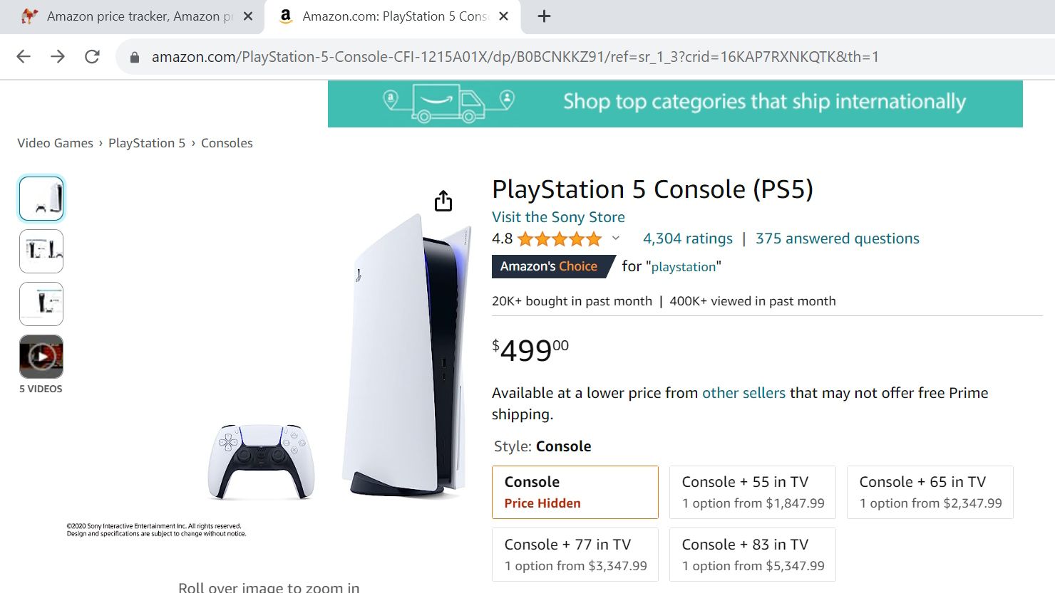 duas guias no google chrome com exibição de página listagem amazon de um console PlayStation 5