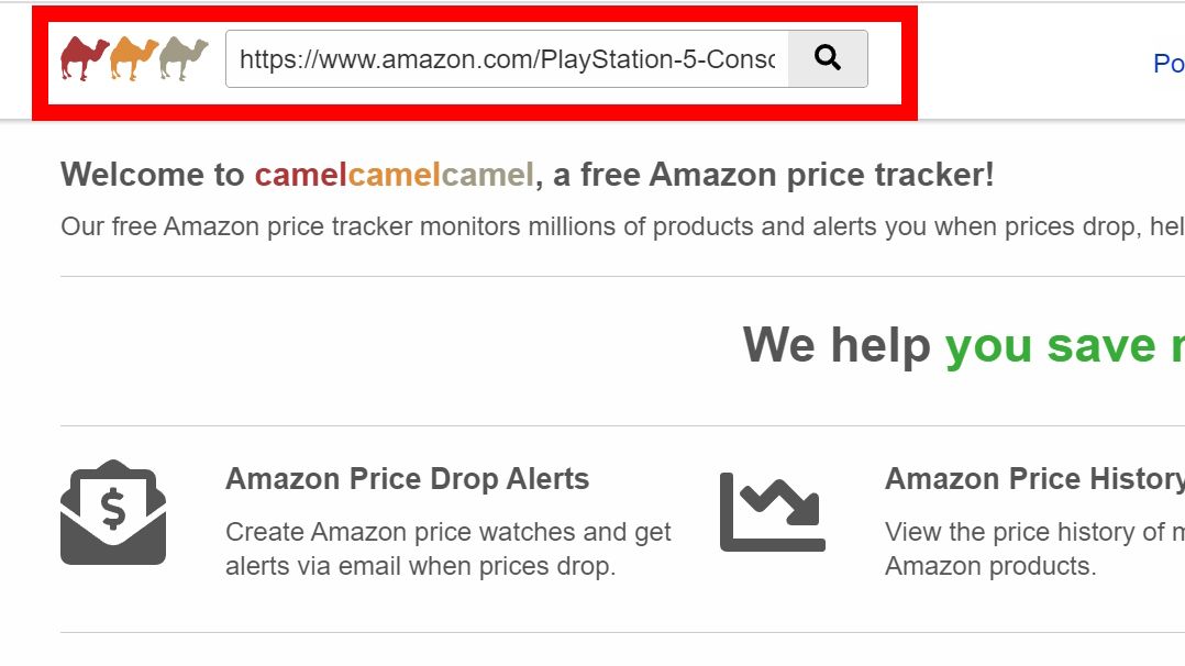 contorno de retângulo vermelho do URL do produto Amazon colado na página da web camelcamelcamel recortada