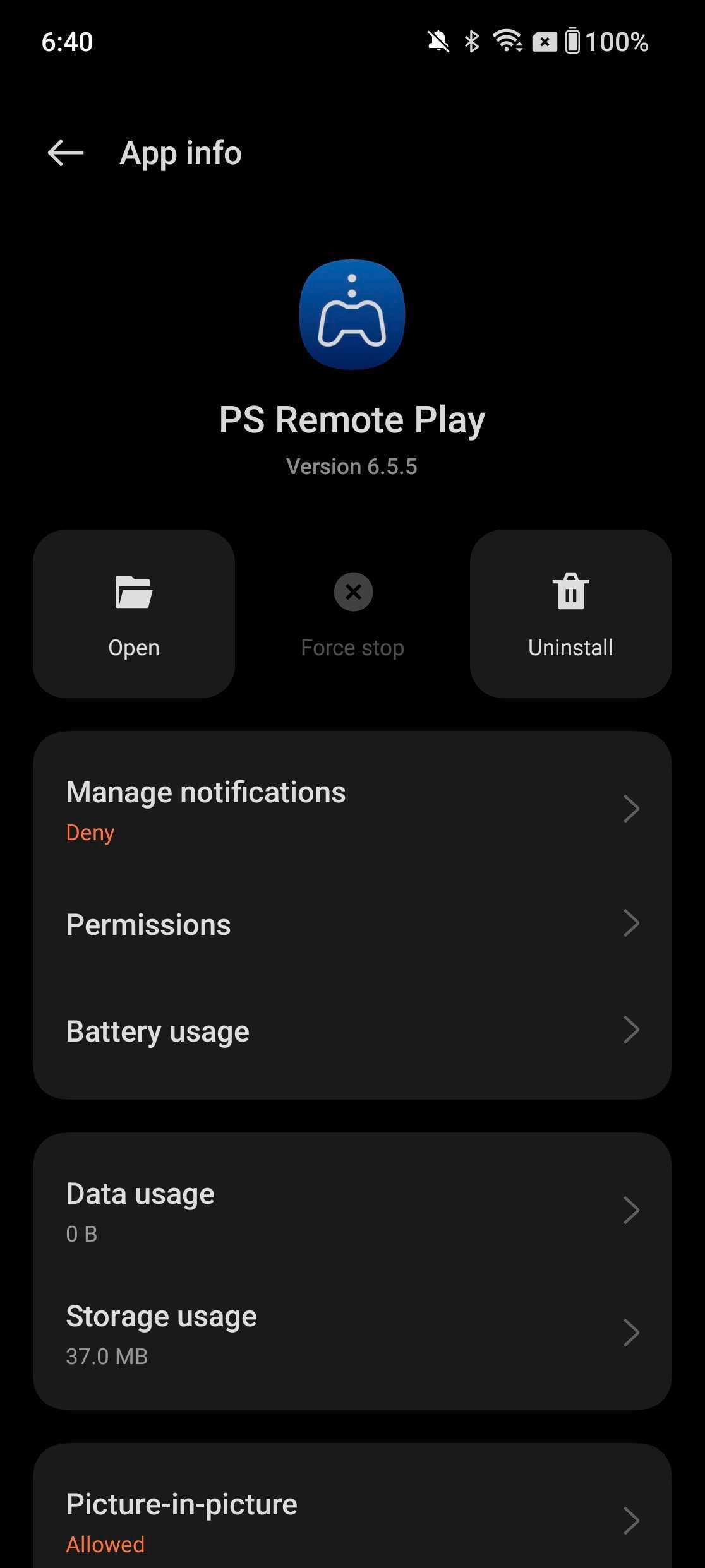 OnePlus abre a página de informações do aplicativo para PS Remote Play