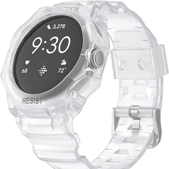 Banda Ookids com capa protetora para Google Pixel Watch em fundo branco.
