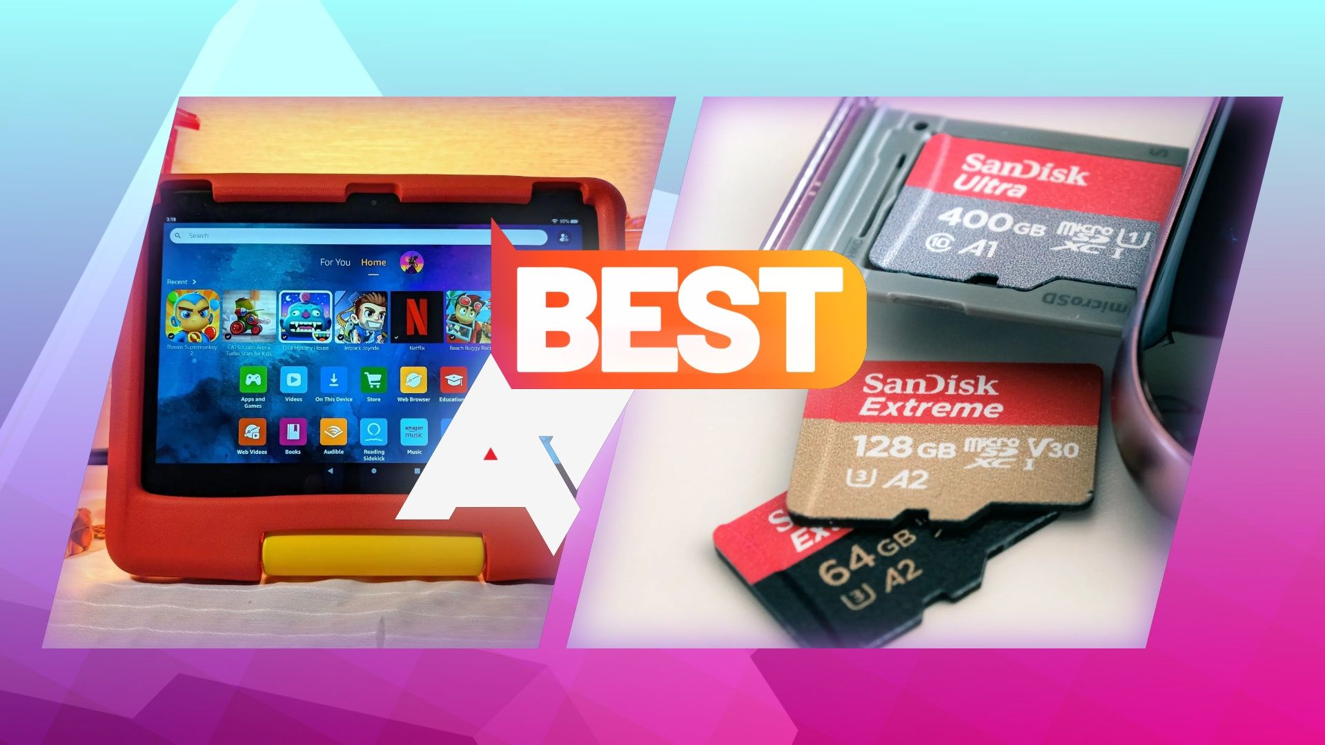 Fotos de um Amazon Fire Tablet for Kids e uma seleção de cartões microSD SanDisk, com o logotipo 'AP Best' na parte superior