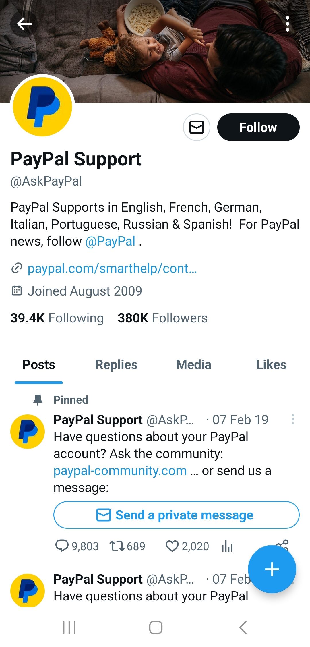 Página da conta do Twitter de suporte do PayPal no aplicativo móvel do Twitter