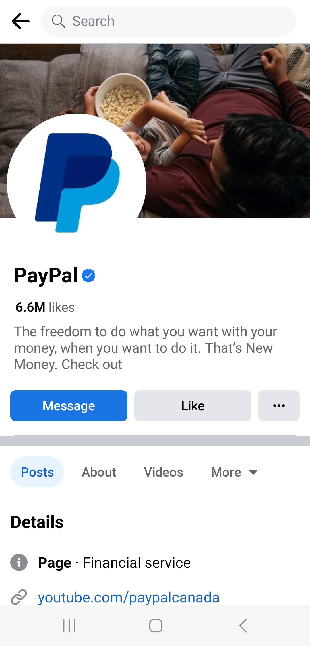 Página inicial do PayPal no Facebook no aplicativo móvel do Facebook