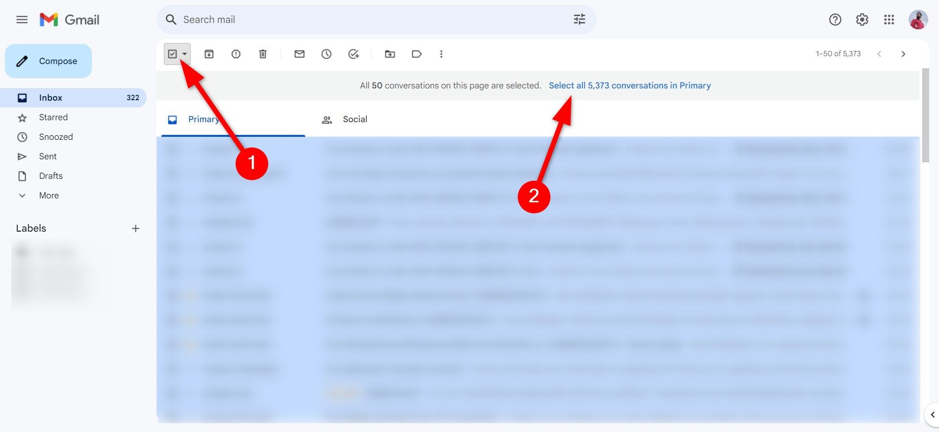 Selecione a opção de todas as mensagens da caixa de entrada no Gmail web