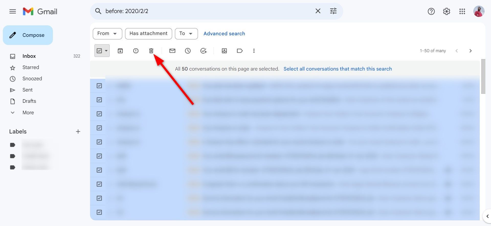 Exclua todas as mensagens de uma data específica no Gmail web