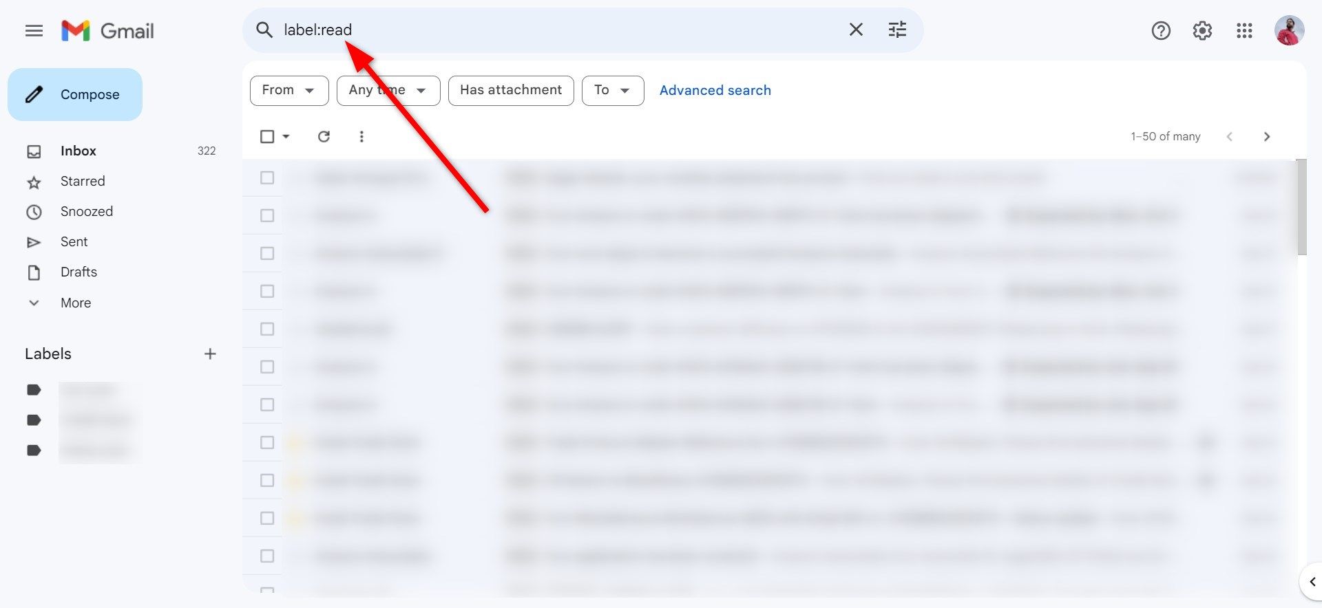 Liste todas as mensagens lidas no Gmail web