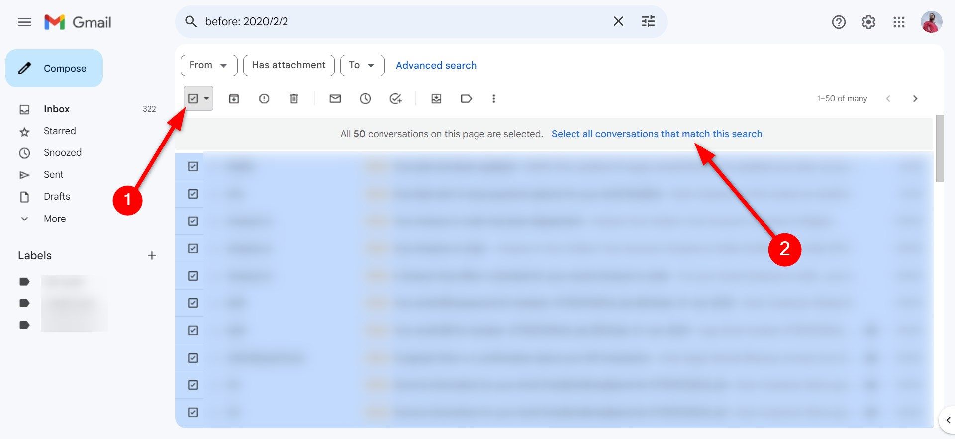 Selecione todas as mensagens e exclua no Gmail web