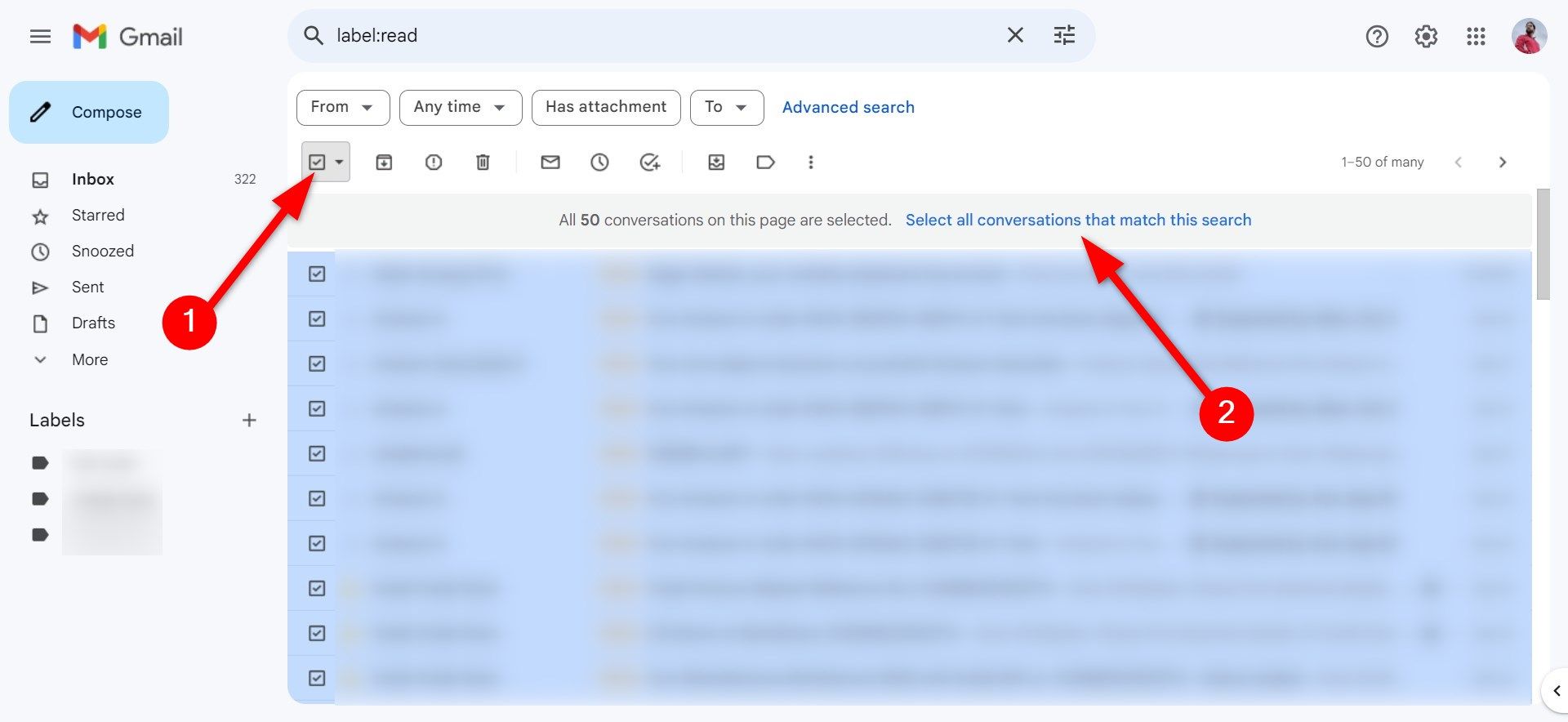 Selecione todas as mensagens lidas no Gmail web