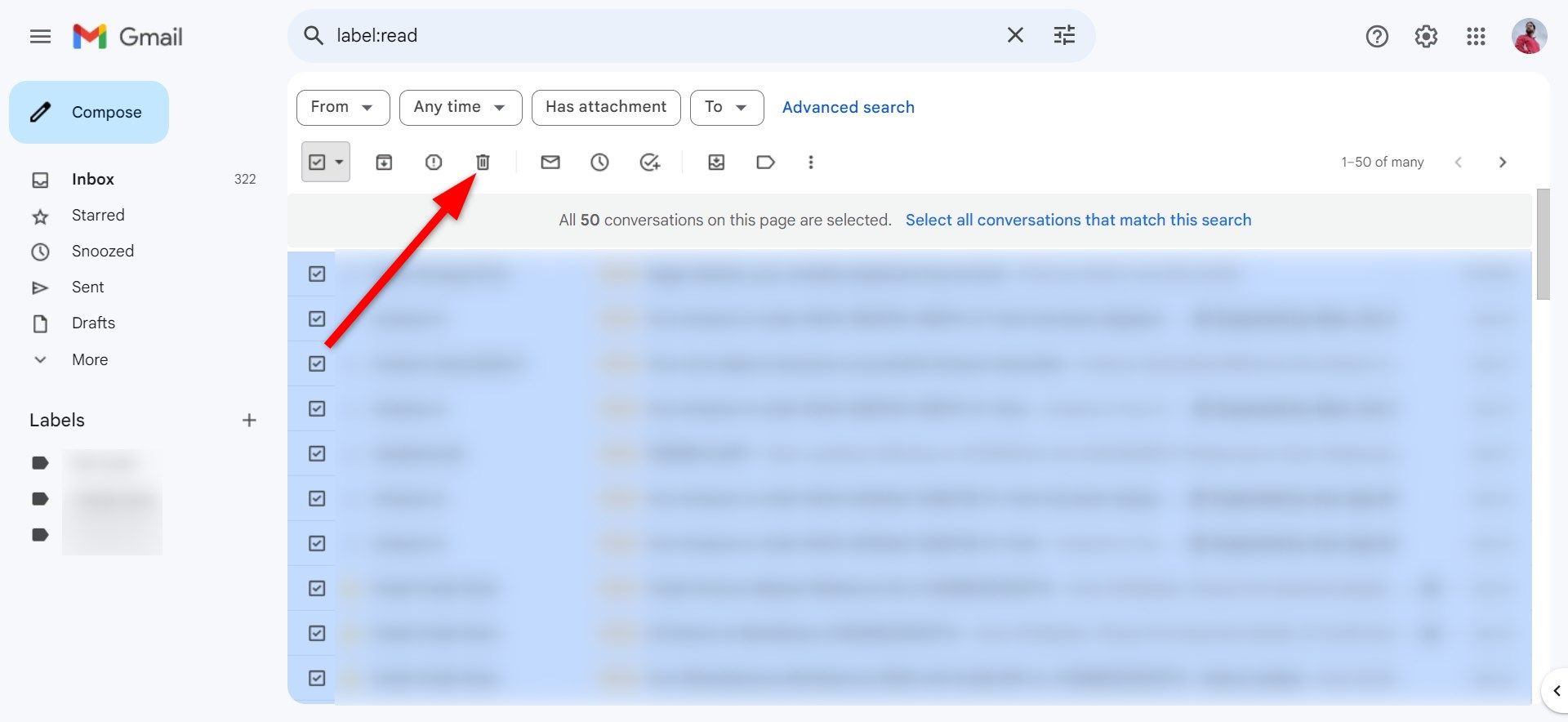 Exclua todas as mensagens lidas no Gmail web