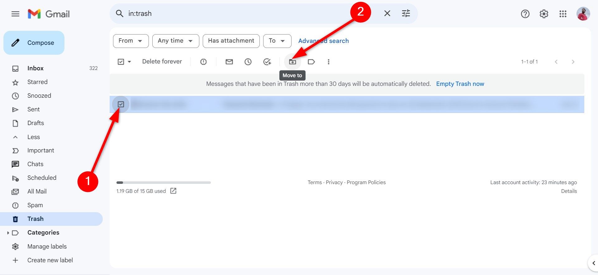 Mover mensagens da lixeira no Gmail web