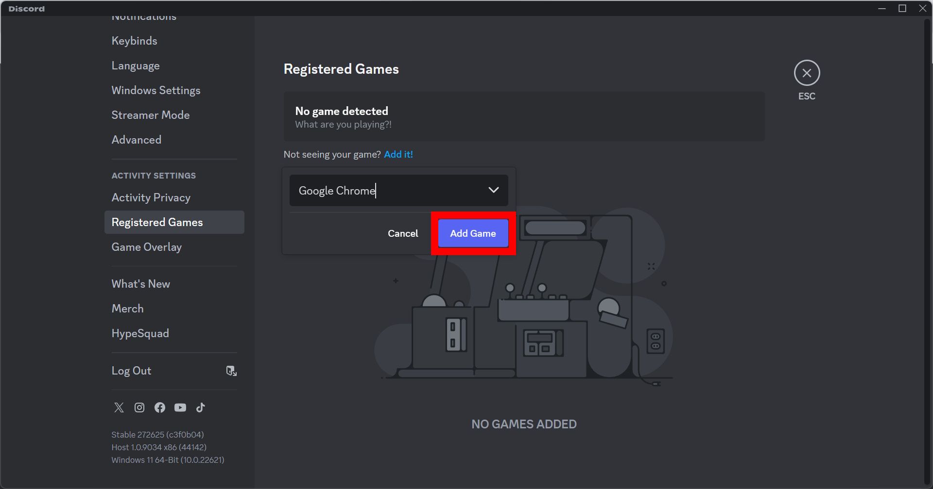 contorno de retângulo vermelho sobre o botão adicionar jogo no aplicativo discord desktop para google chrome