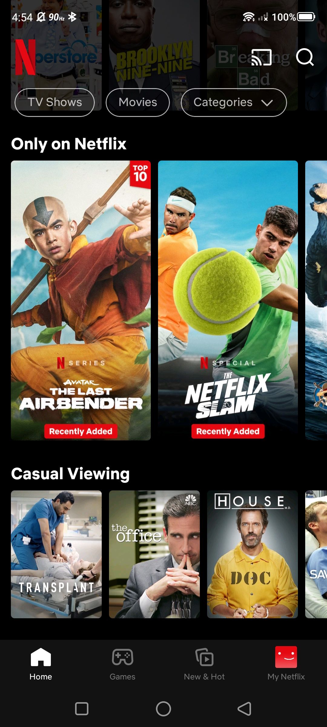 página inicial do aplicativo móvel Netflix