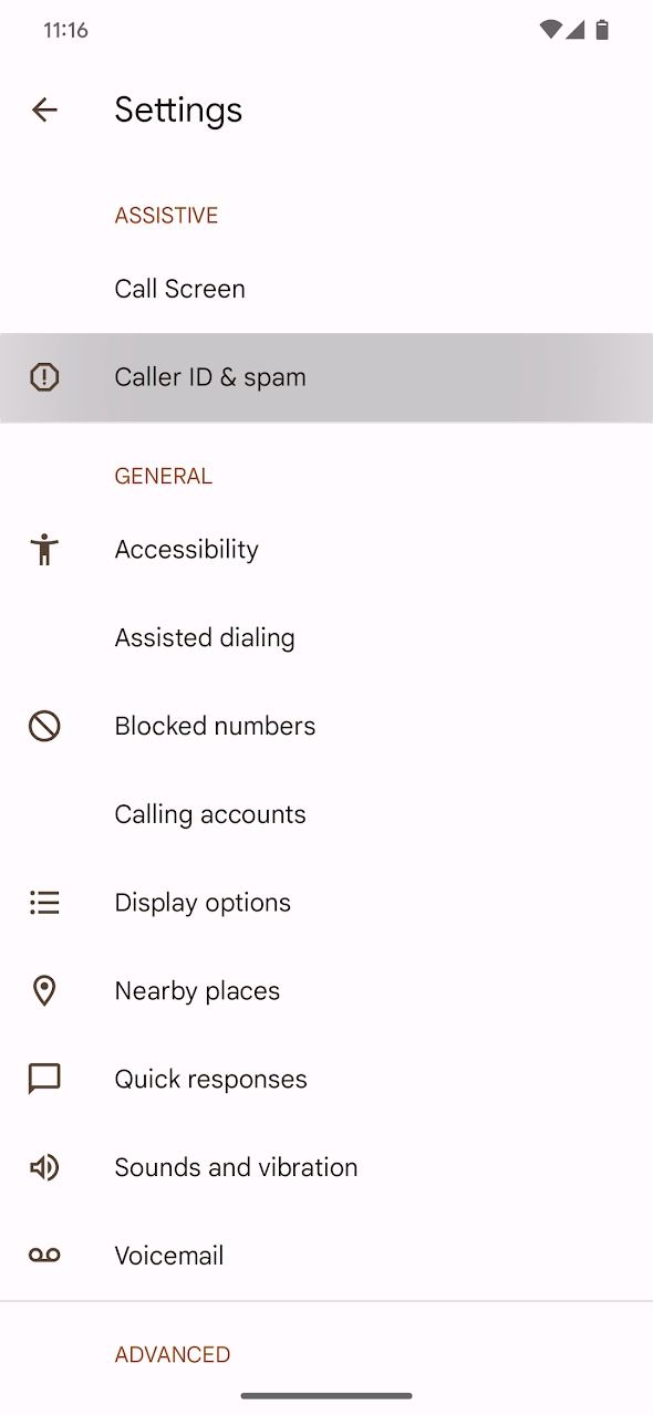 A página de configurações do Android mostrando identificador de chamadas e spam.