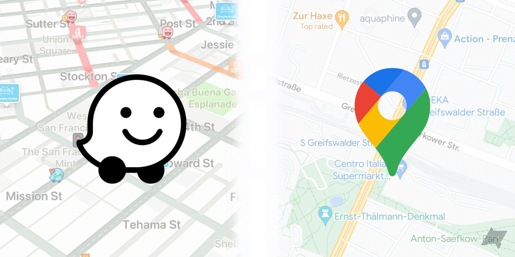 Logotipos do Waze e do Google Maps sobrepostos aos mapas