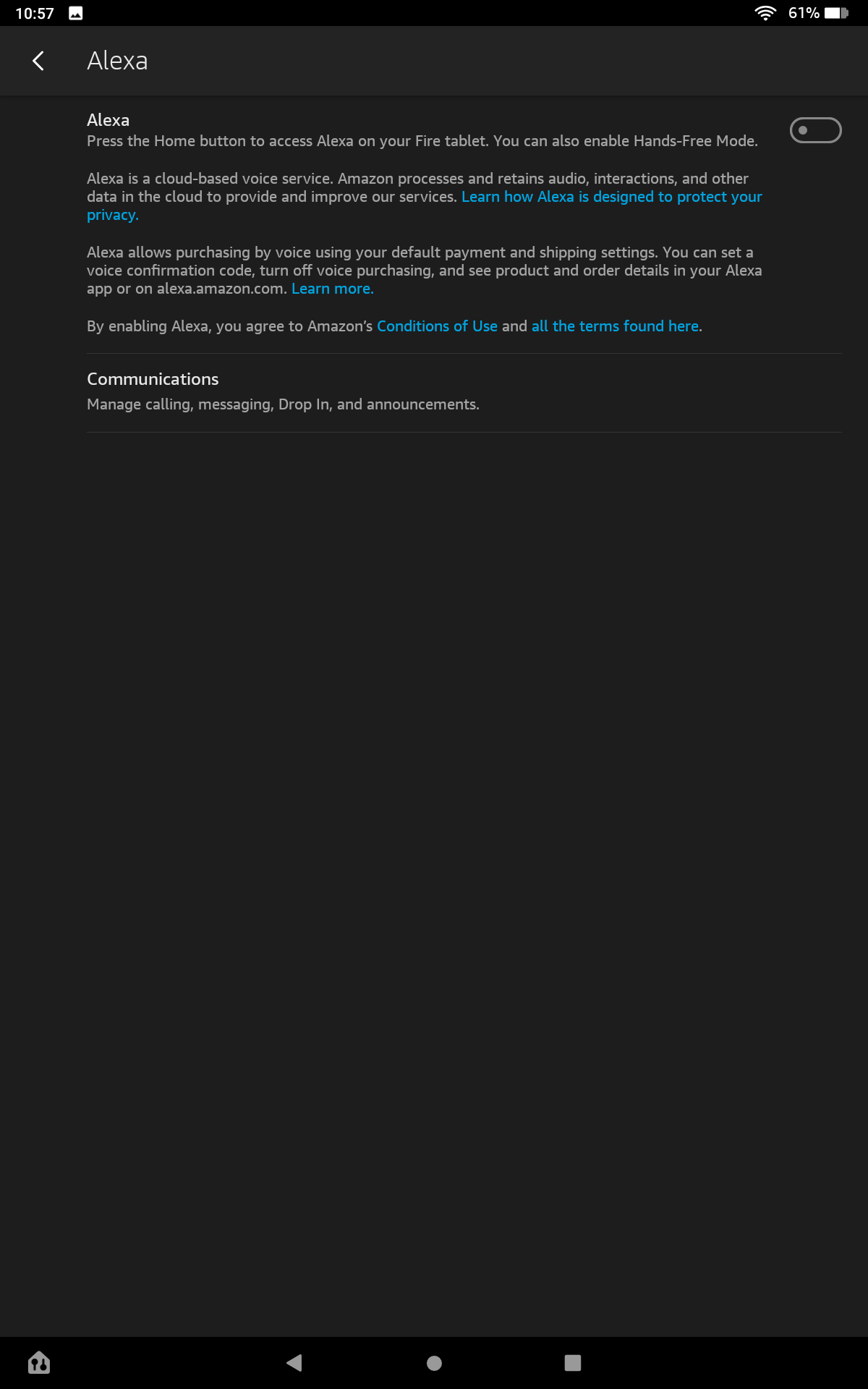 A página de configurações do Alexa no Fire OS.