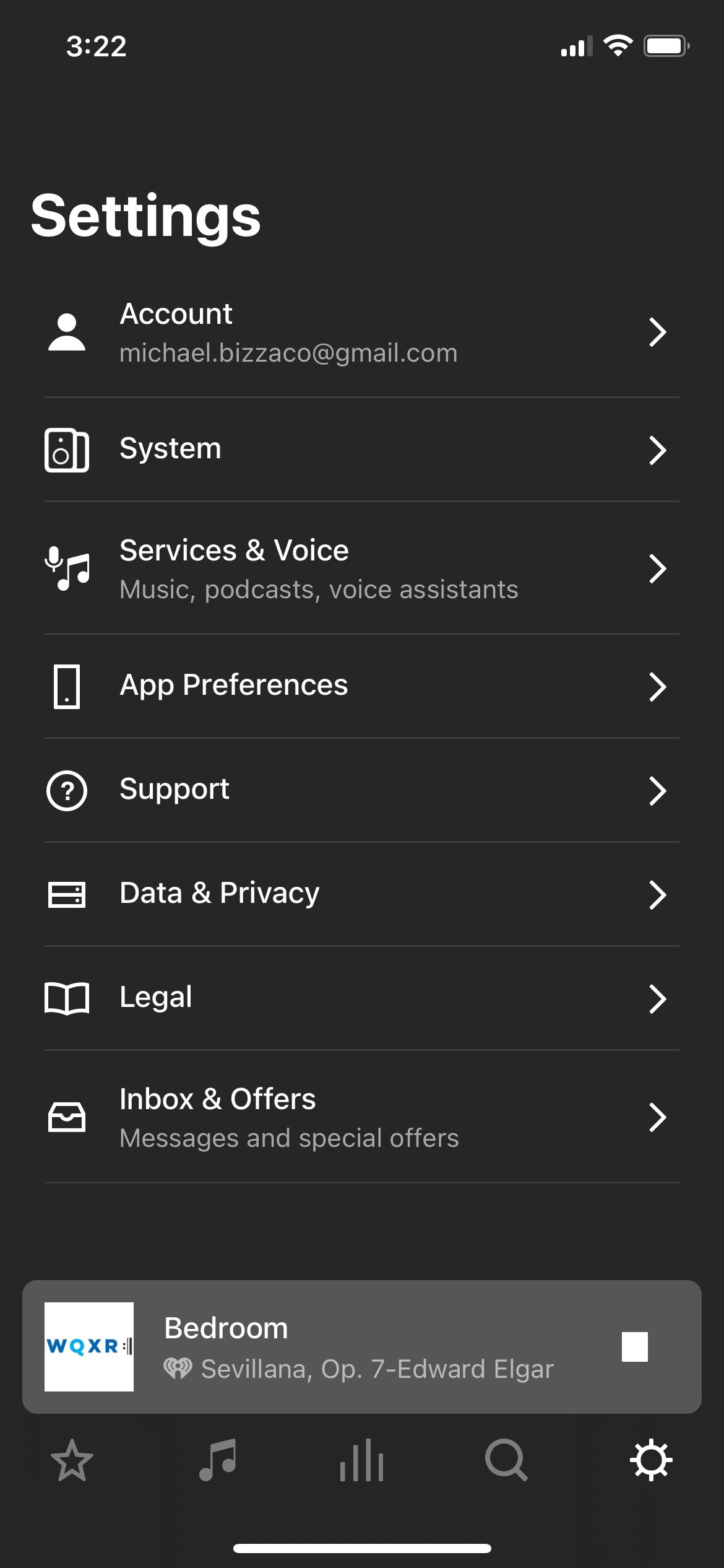 O menu de configurações no aplicativo Sonos S2
