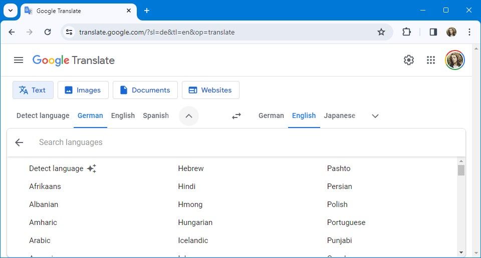 seletor de idioma para desktop do Google Tradutor