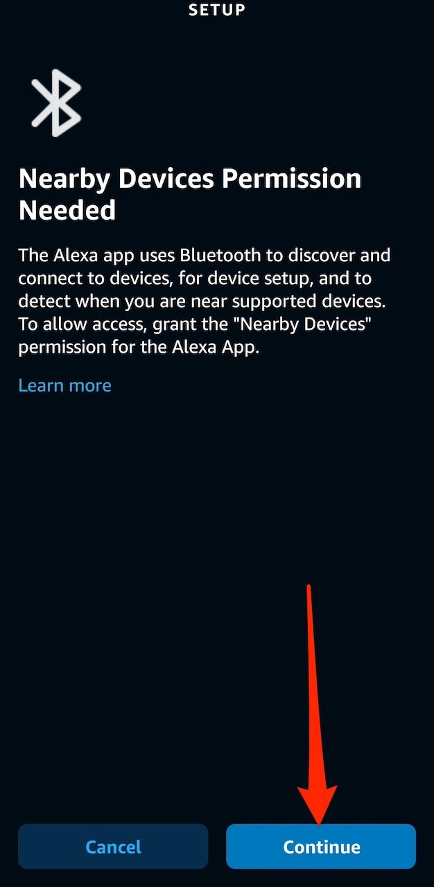 Solicitação de permissão de dispositivos Bluetooth próximos no aplicativo Amazon Alexa