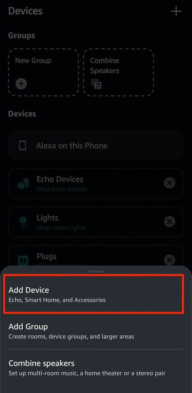 Selecionando a opção Adicionar dispositivo no aplicativo Amazon Alexa