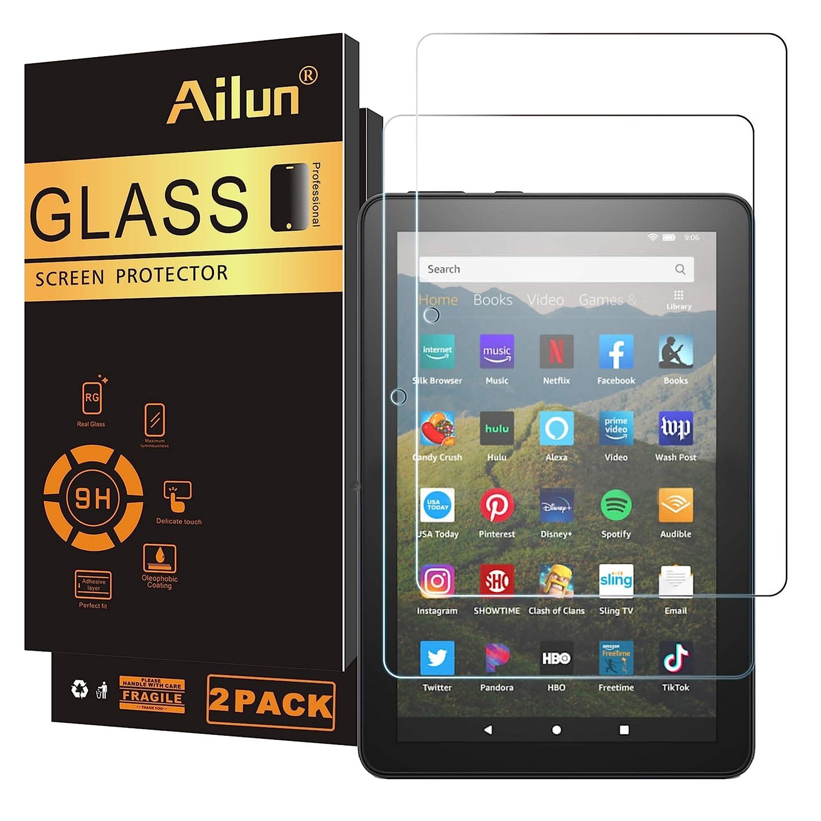 Protetor de tela de vidro temperado Ailun para Fire HD 8 em um fundo branco