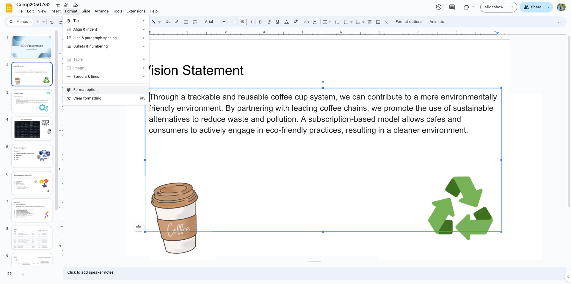   Captura de tela de uma apresentação do Apresentações Google com o menu de formato aberto, mostrando opções de alinhamento e recuo do texto com opções de formato selecionadas