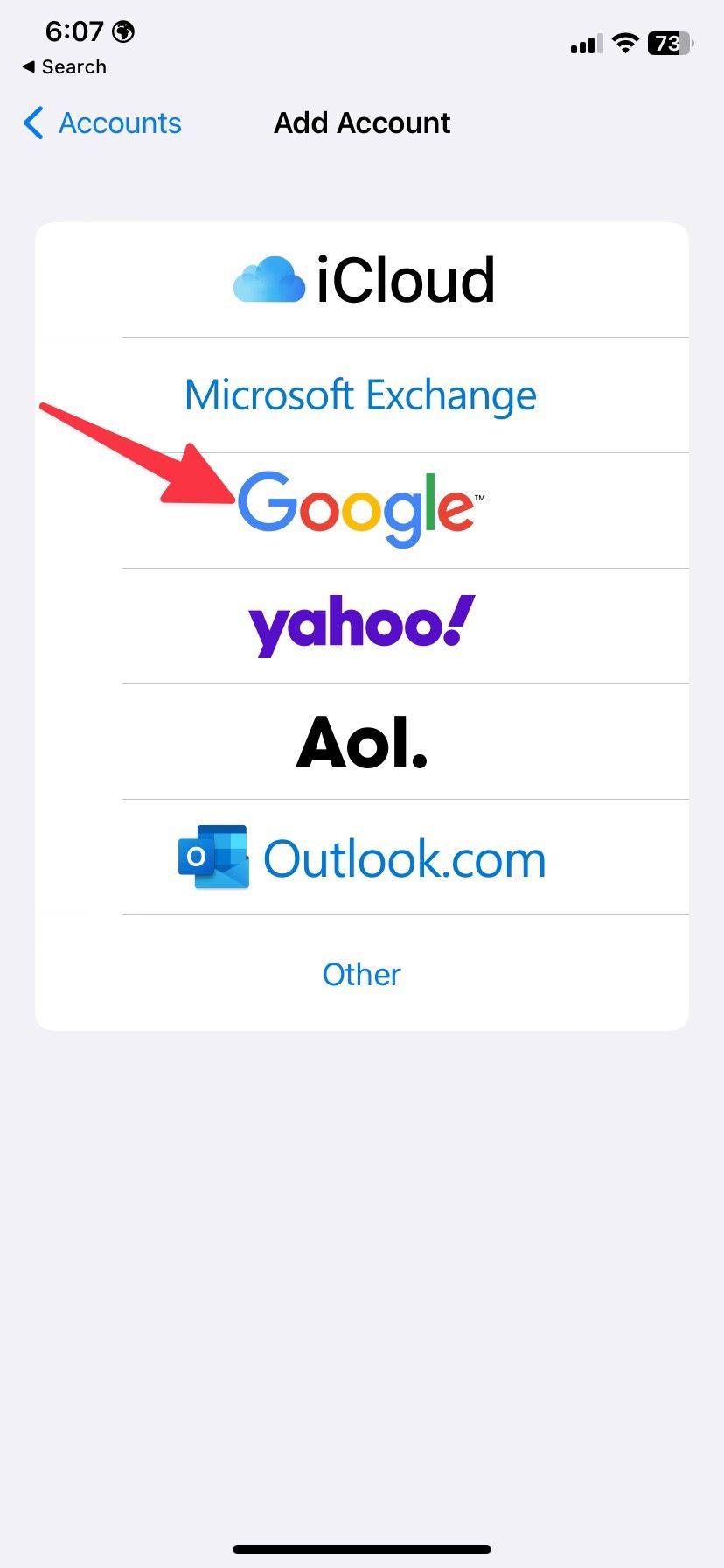 Adicionar página de conta de e-mail no iPhone.