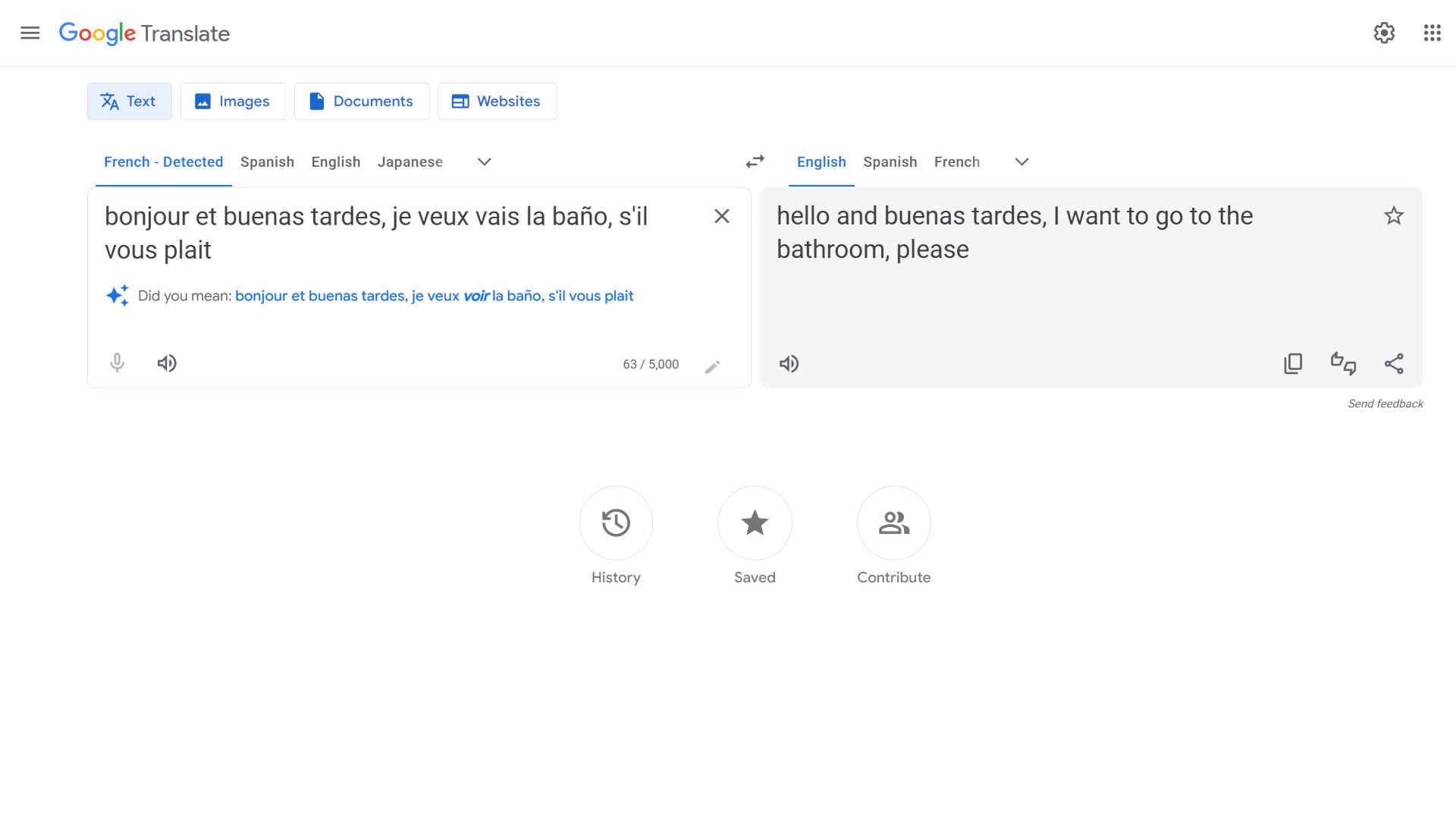 Uma captura de tela mostrando como o Google Tradutor às vezes pode interpretar mais de um idioma