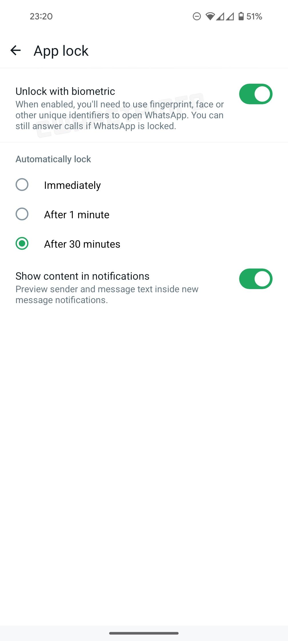 Captura de tela da última versão beta do WhatsApp mostrando opções expandidas para autenticação de bloqueio de aplicativo