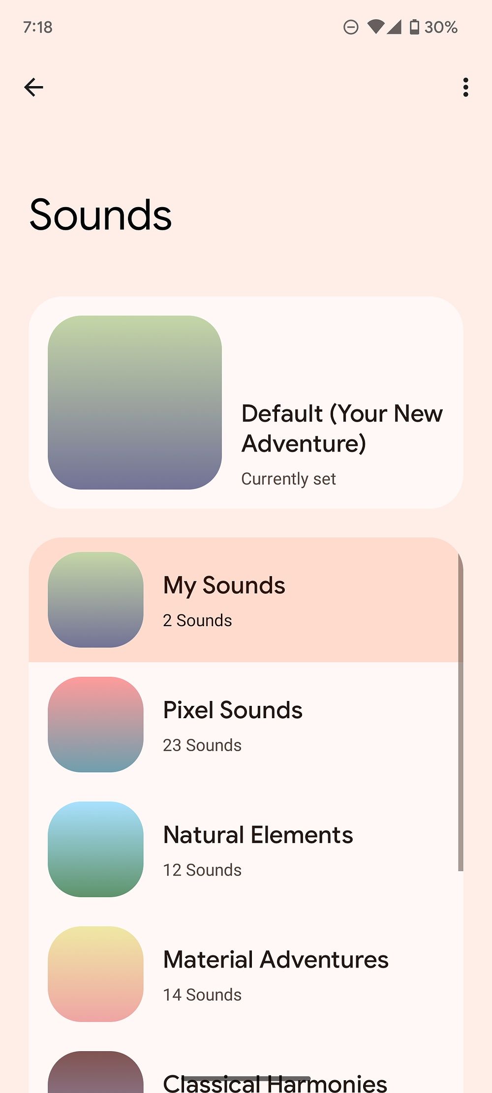 A captura de tela mostra a página Sons de um contato específico no Android.  A opção ‘Meus sons’ está destacada.