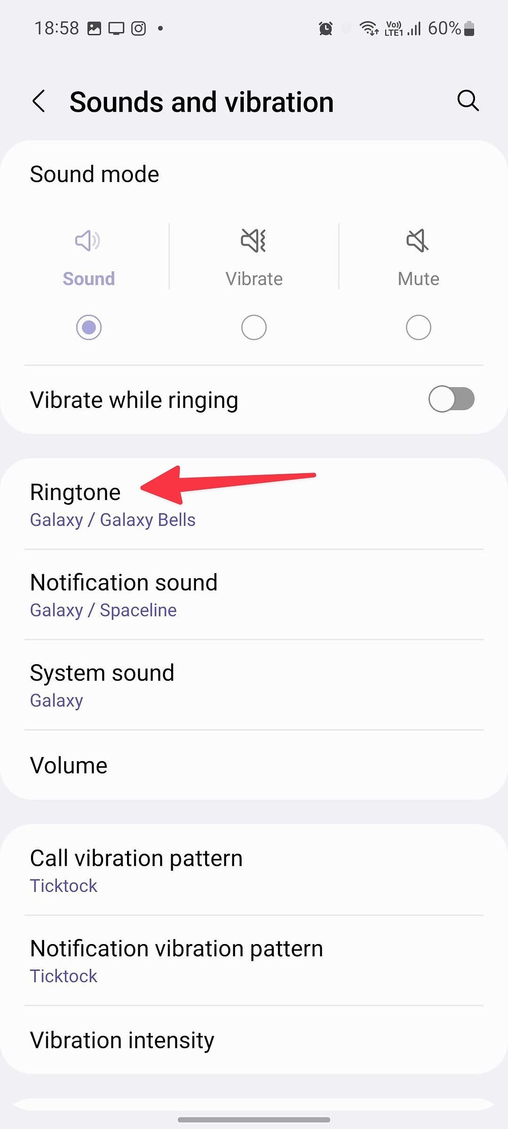 Captura de tela mostrando 'Toque' nas configurações do telefone Samsung