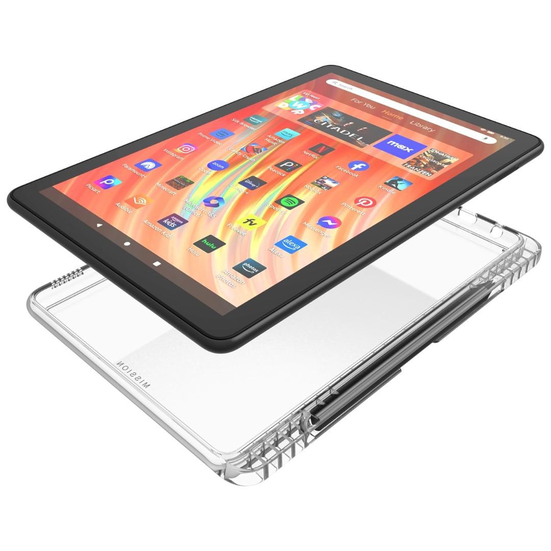 O tablet Amazon Fire HD 10 em um case transparente