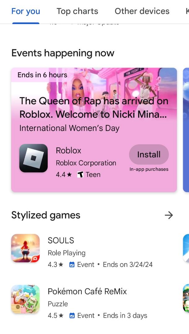 Captura de tela da Play Store mostrando o anúncio For You Nicki Minaj Roblox