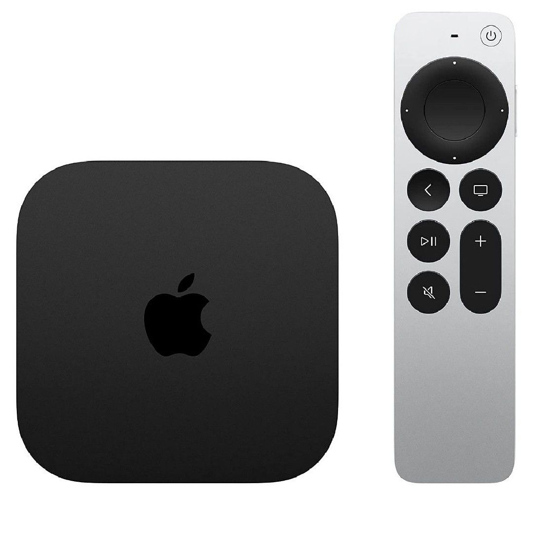 O Apple TV 4K (3ª geração) com controle remoto em fundo branco