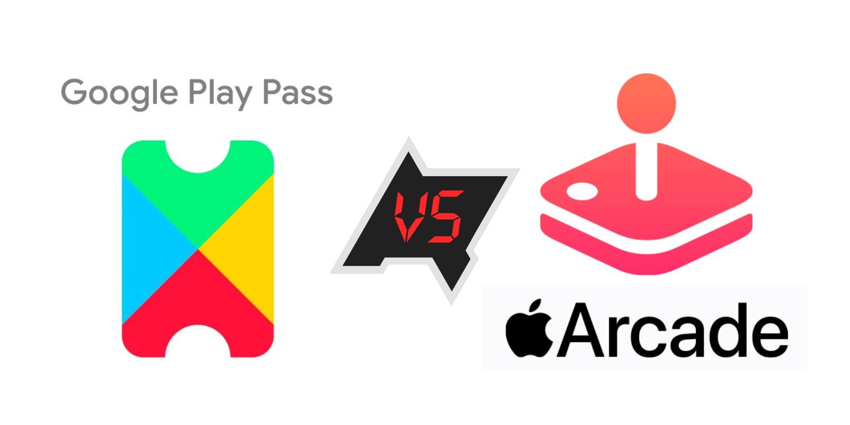O logotipo do Google Play Pass e o logotipo do Apple Arcade em cada lado do logotipo do AndroidPolice VS