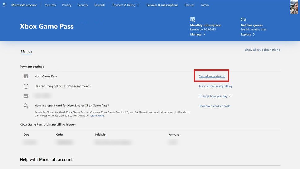 Página Xbox Game Pass da Microsoft exibindo várias opções, com o botão Cancelar assinatura destacado.
