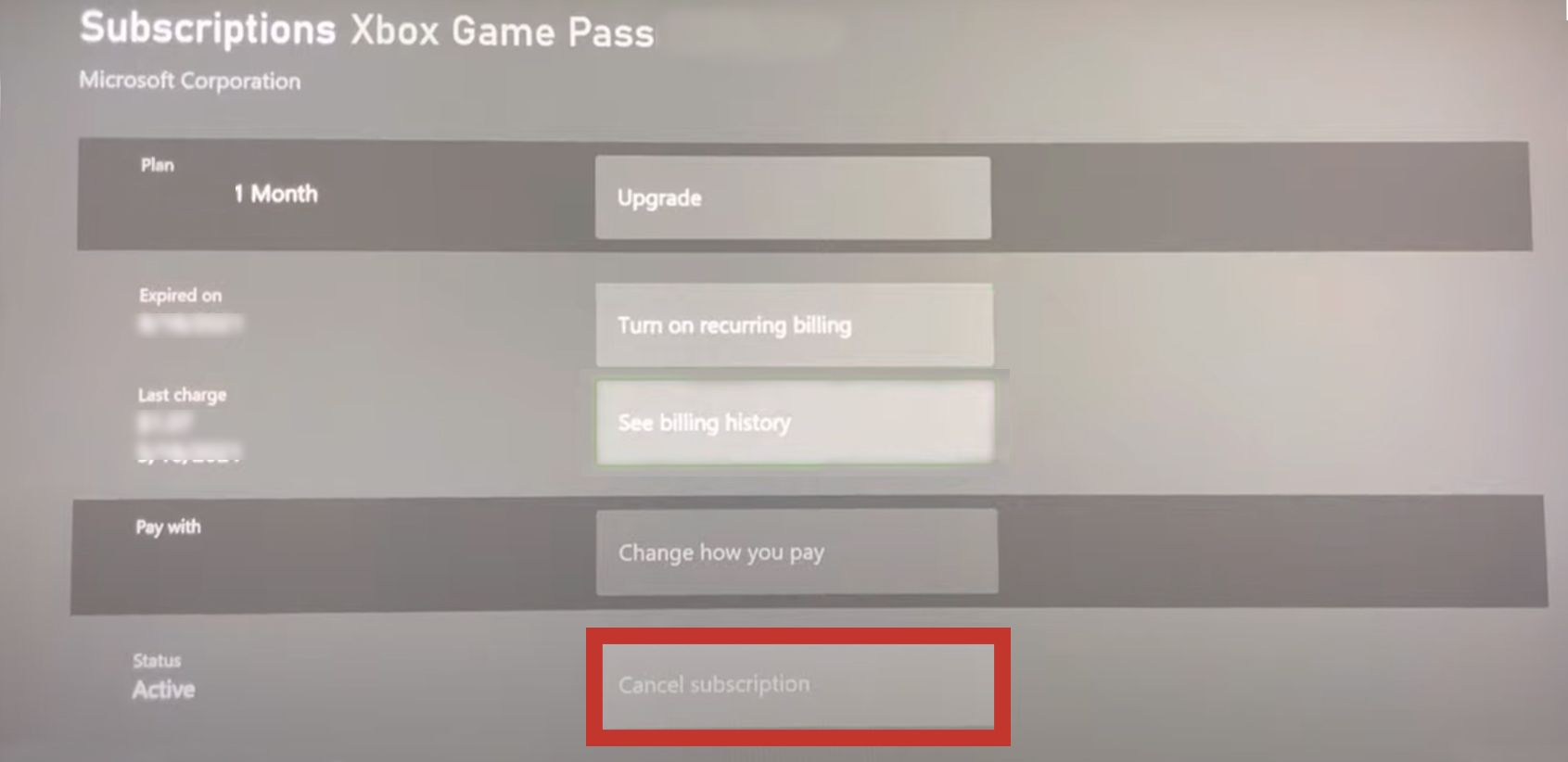 UI de assinatura principal do Xbox Game Pass exibindo todas as opções disponíveis com Cancelar assinatura claramente destacado.