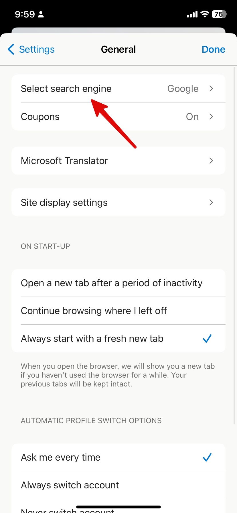 selecione mecanismo de pesquisa para Microsoft Edge no iPhone