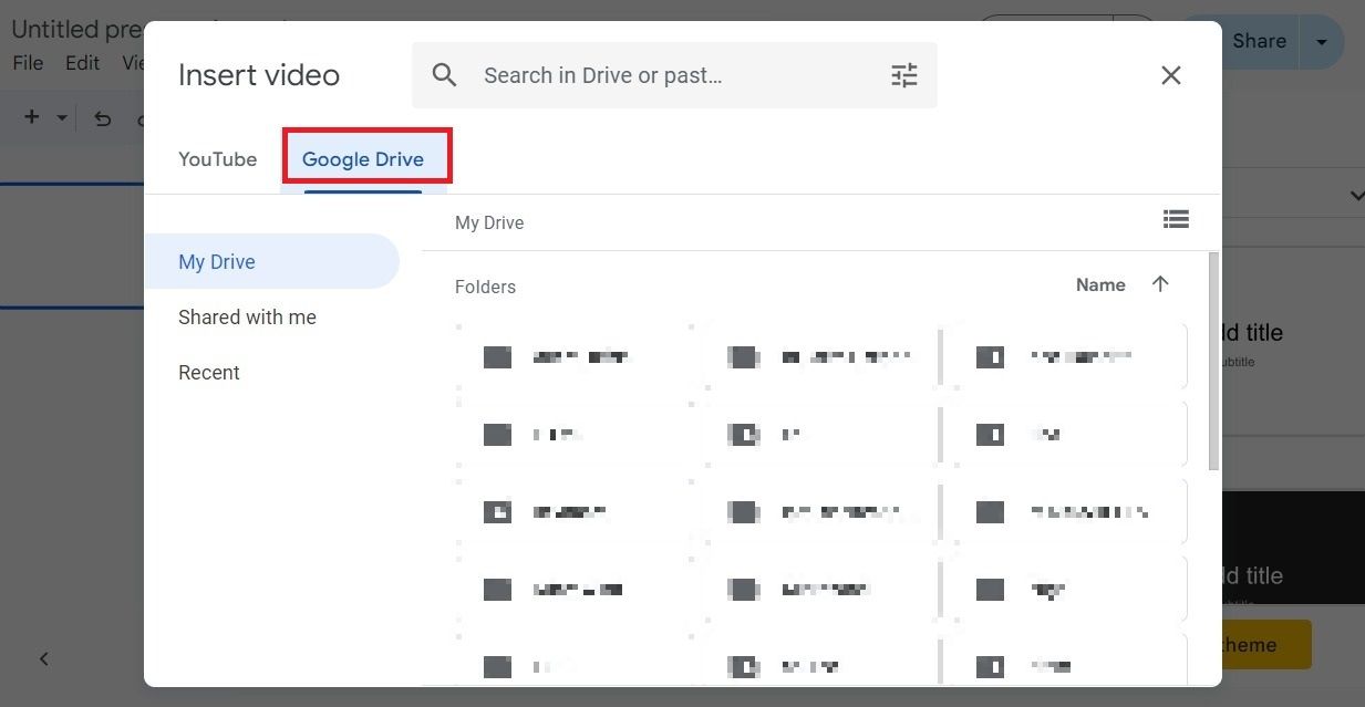 Captura de tela destacando a opção ‘Google Drive’ no Apresentações Google