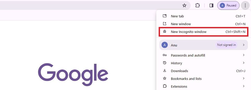 Captura de tela destacando ‘Nova janela anônima’ no Google Chrome